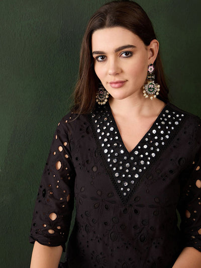 Indyancart SN Women's Embroidered Regular Mirror Work Pure Cotton Kurti With Trousers