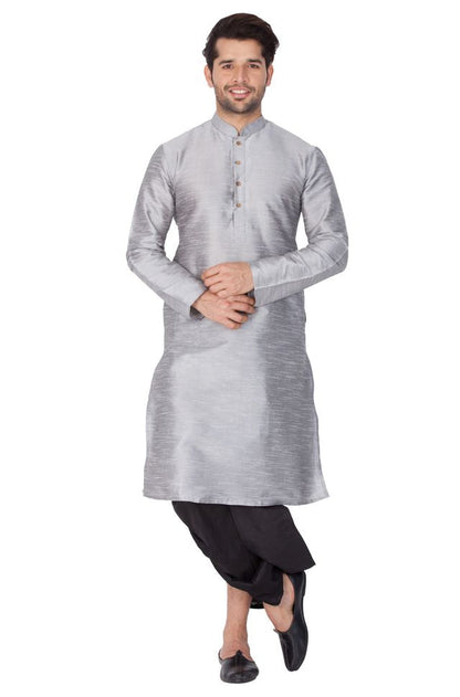 Men's Grey Silk Blend Straight Kurta and Dhoti Set