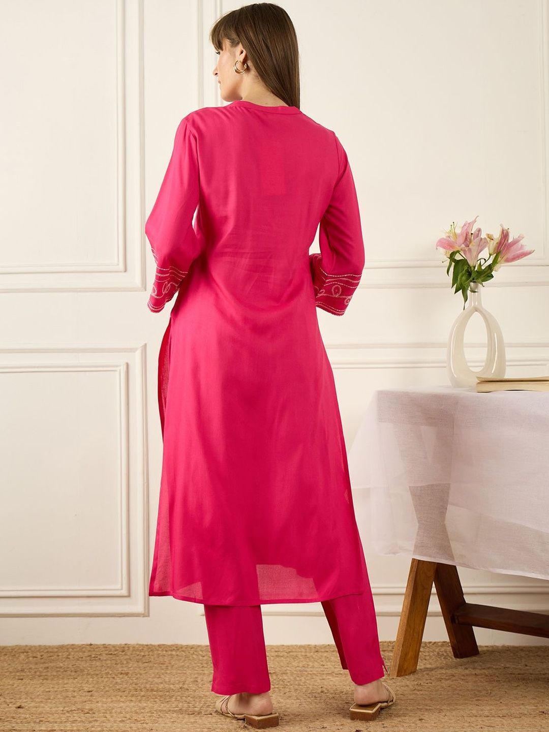 Floral Printed Thread Work Pure Cotton Kurta With Palazzos