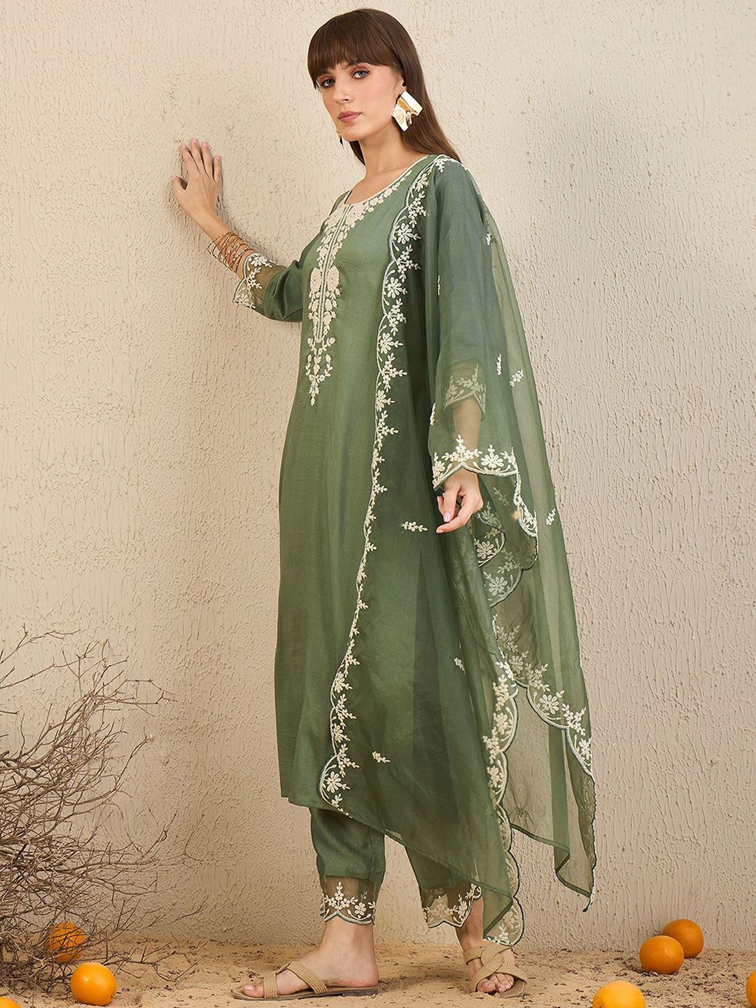 Indyancart IE Floral Embroidered Straight Kurta With Trousers & Dupatta