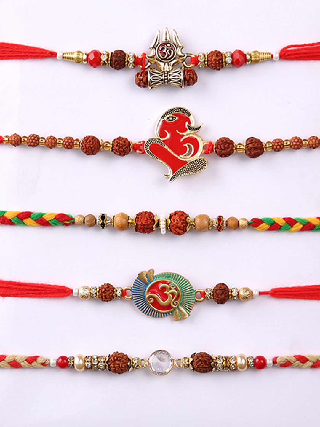 Anouk Set Of 5 Rudraksh & Swastik Beaded Thread Rakhi With Roli Chawal & Greetings Card