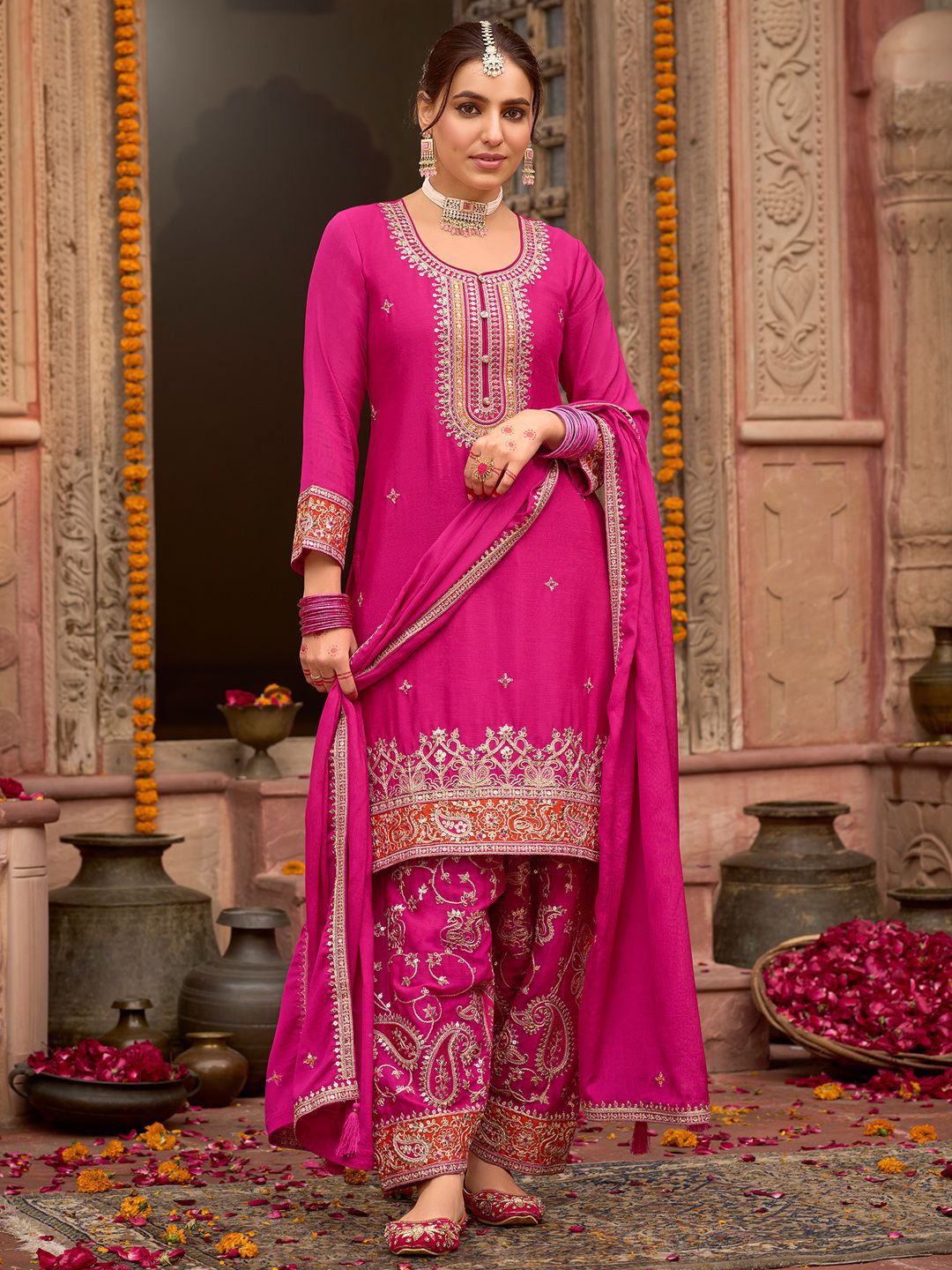 Dhiyona IE Sequinned Embroidered Round Neck Kurta With Palazzos & Dupatta