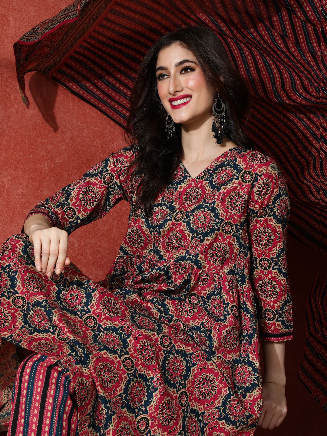 Indyancart SN Women's Embroidered Pure Cotton A-Line Kurta & Trousers With Dupatta