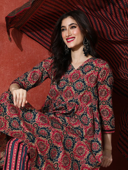 Indyancart SN Women's Embroidered Pure Cotton A-Line Kurta & Trousers With Dupatta