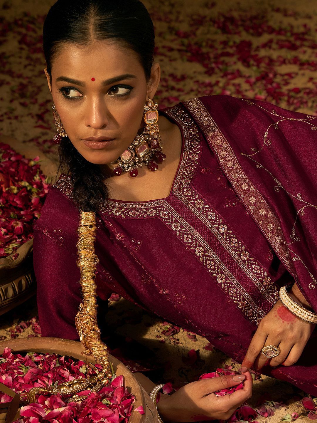 Indyancart IE Maroon Floral Embroidered V-Neck Straight Kurta with Trousers & Dupatta