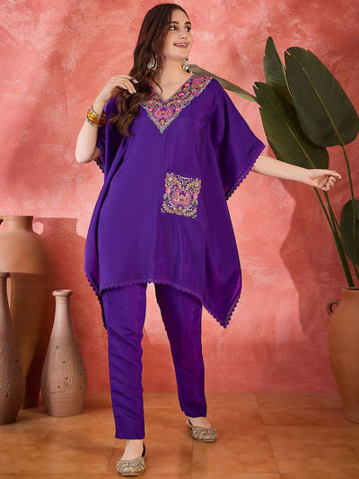 Indyancart SN Women's Ethnic Motifs Embroidered Zari Sequence Kaftan Kurta & Trousers Set