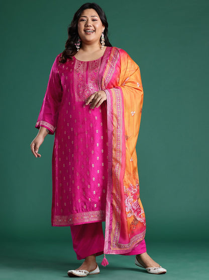 Indyancart Women's Plus Size Woven Design Kurta with Palazzos & Dupatta