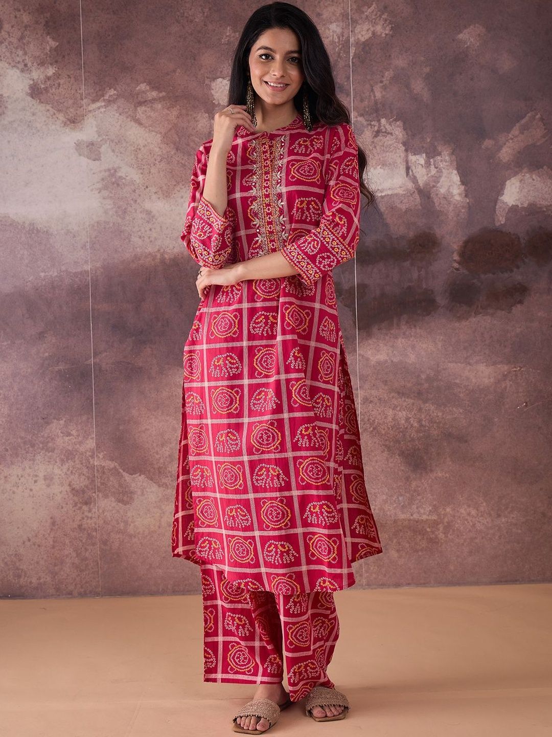Ethnic Motifs Printed Mirror Work Pure Cotton Kurta With Trousers