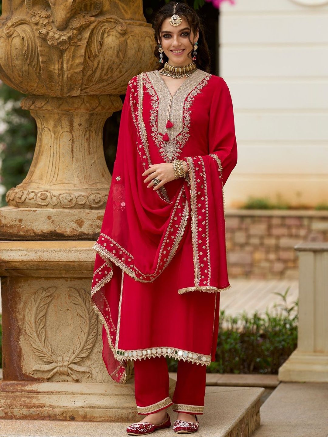 Ethnic Motifs Embroidered V-Neck Mirror Work Kurta With Trousers & Dupatta