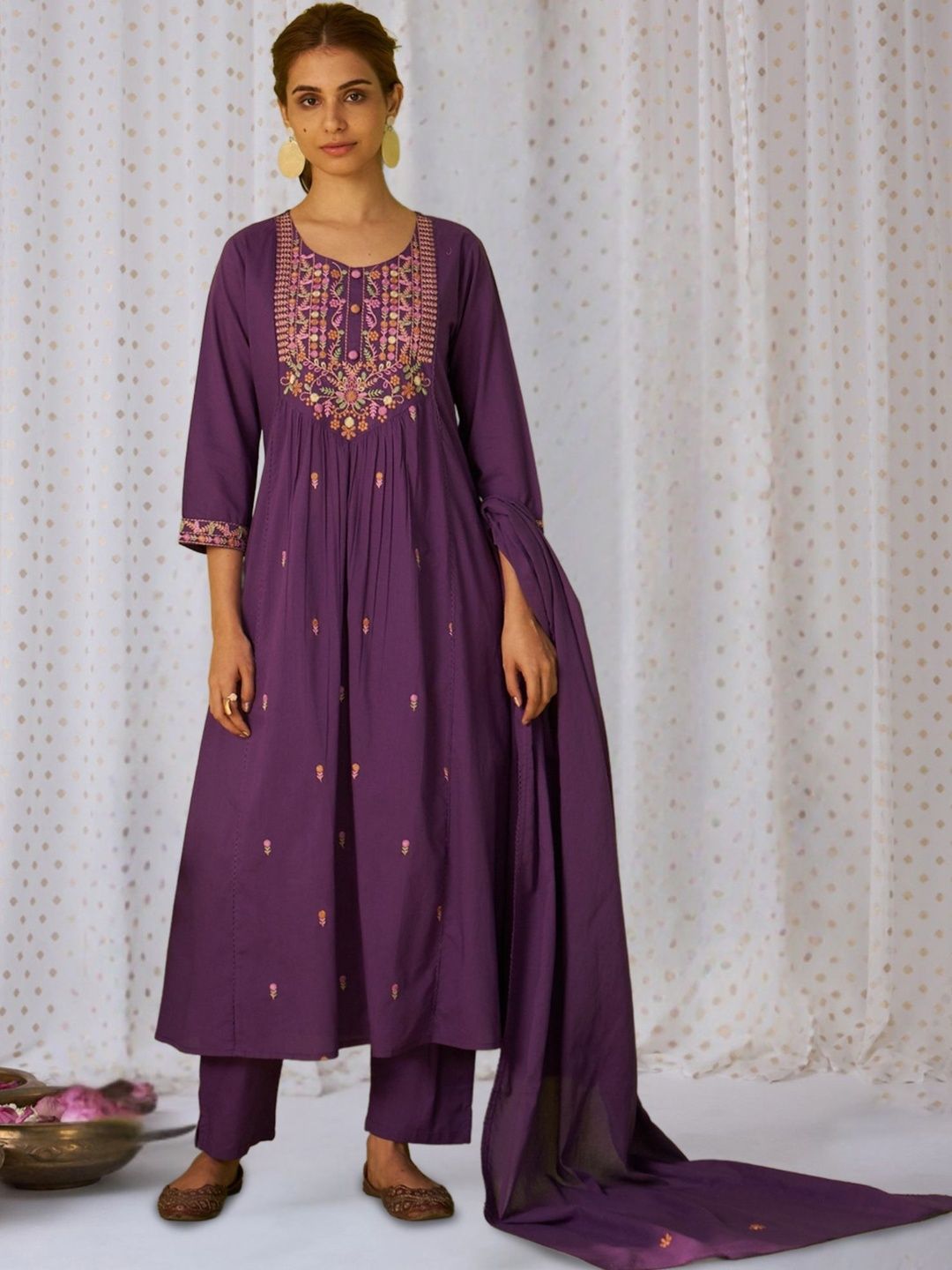 Women Ethnic Motifs Embroidered Empire Thread Work Pure Cotton Kurta with Trousers & With Dupatta