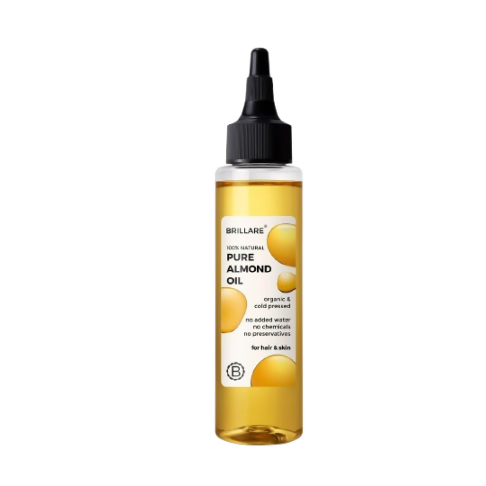 Bottle of Brillare 100% natural pure almond oil for hair, showing clear glass container with almond oil inside and natural label.