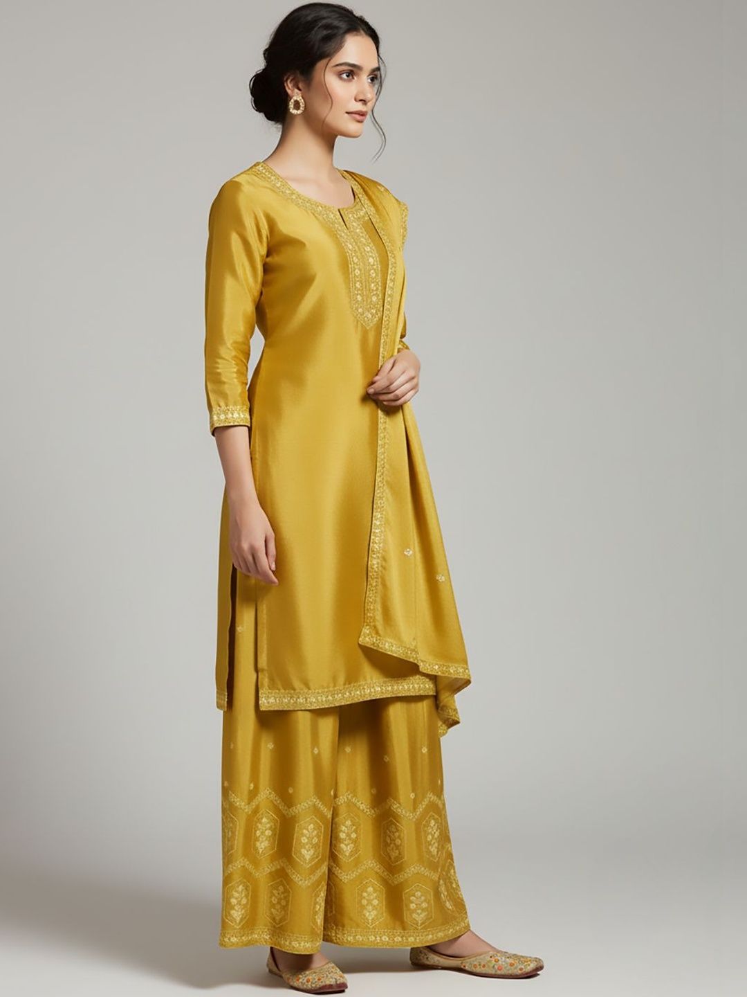 Indyancart VA Women Ethnic Motifs Embroidered Regular Thread Work Silk Crepe Kurta with Palazzos & With Dupatta
