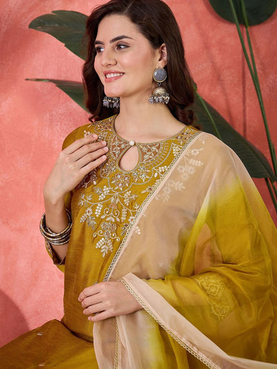 Indyancart SN Women's Floral Yoke Deisgn Keyhole Neck Zari Straight Kurta & Trousers With Dupatta