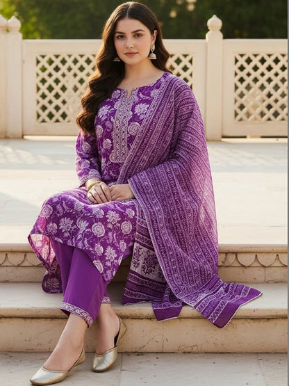 Indyancart Women's Floral Printed Regular Mirror Work Pure Cotton Kurta with Trousers & With Dupatta