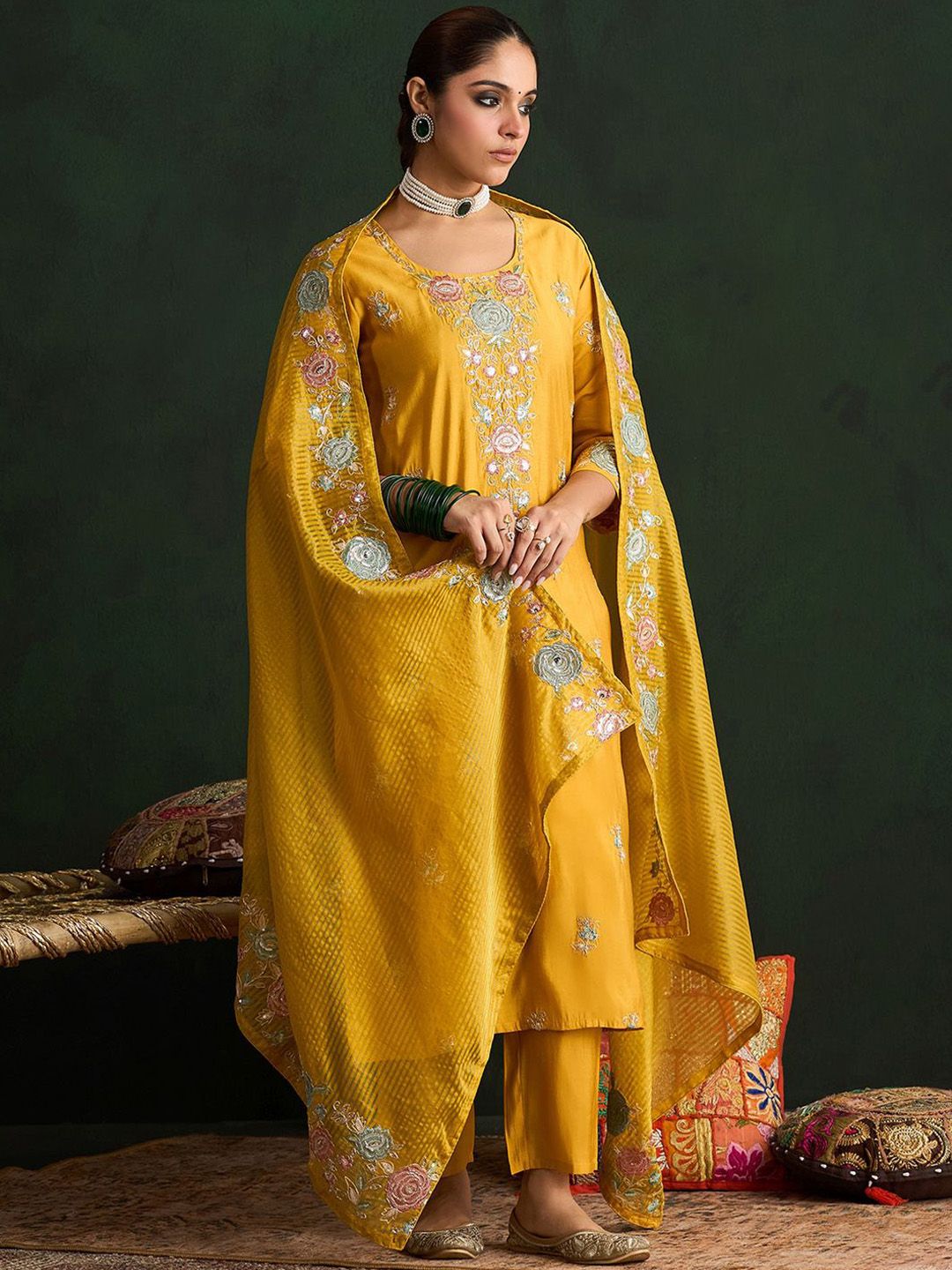Indyancart IE Mustard Yellow Floral Embroidered Straight Kurta with Trousers & Dupatta