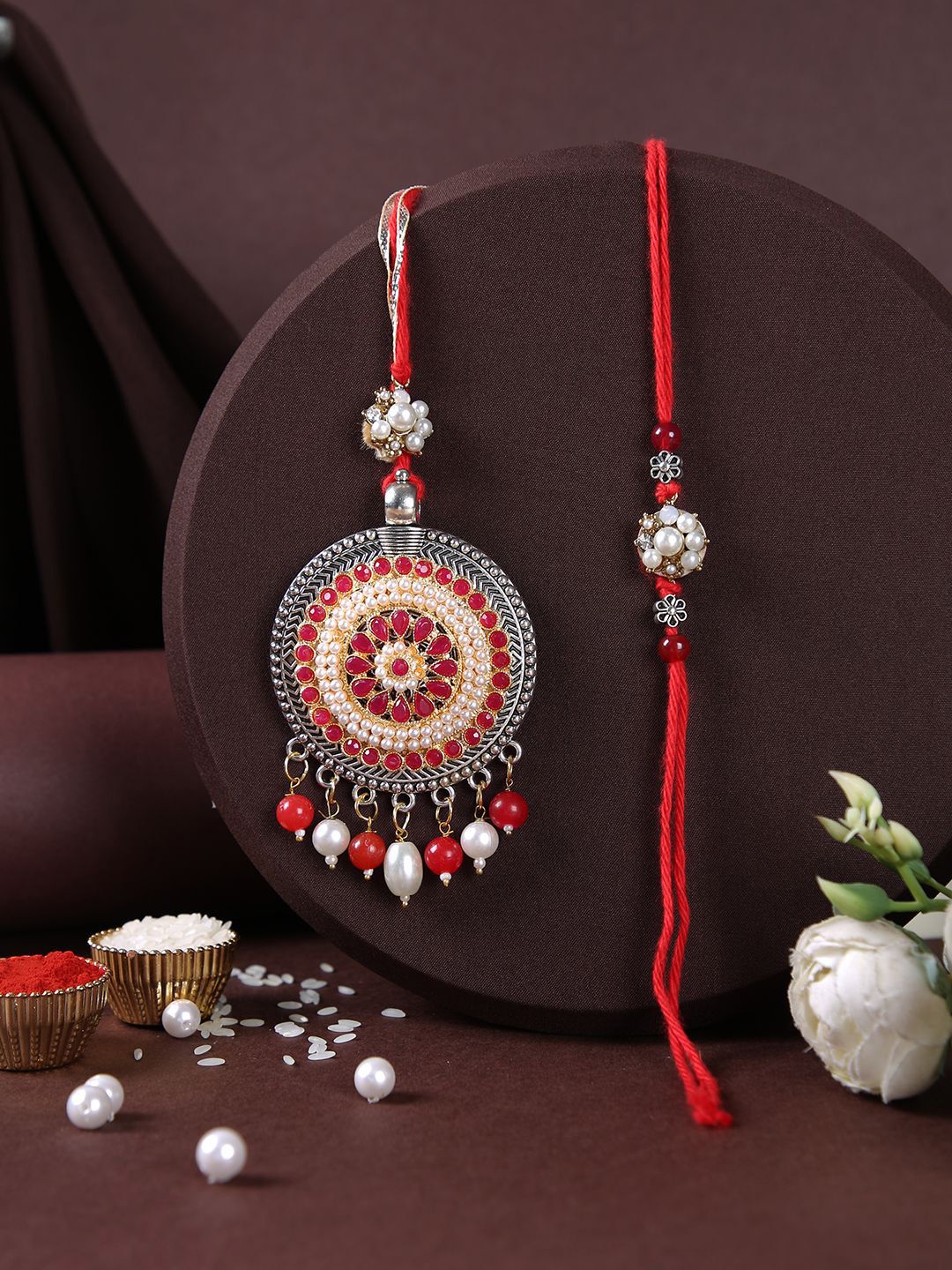 Anouk Bhaiya Bhabhi Charming Floral Thread Rakhi With Roli Chawal & Greetings Card