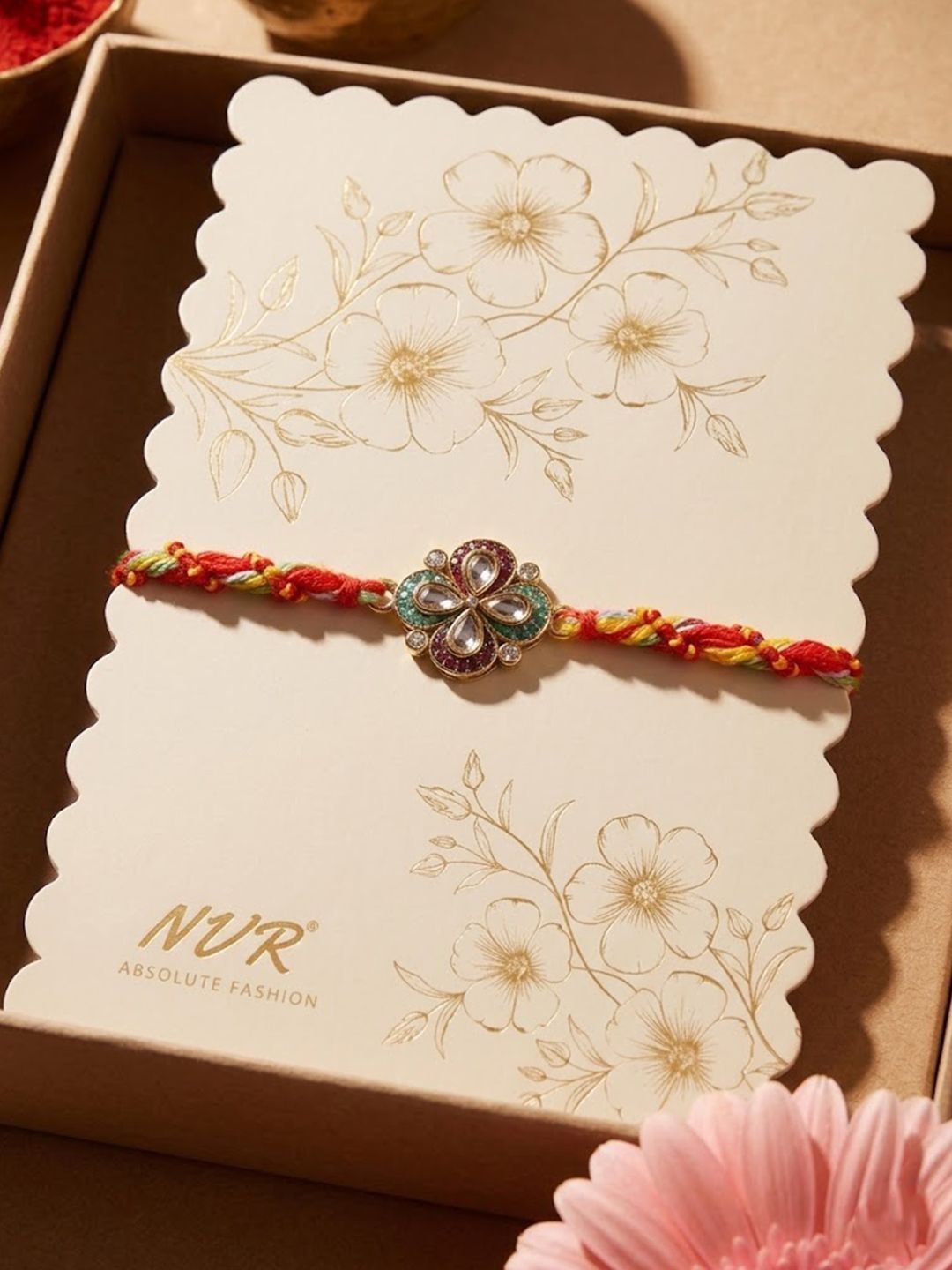 Anouk Traditional Artificial Stones Thread Rakhi With Roli Chawal Chandan Mishri
