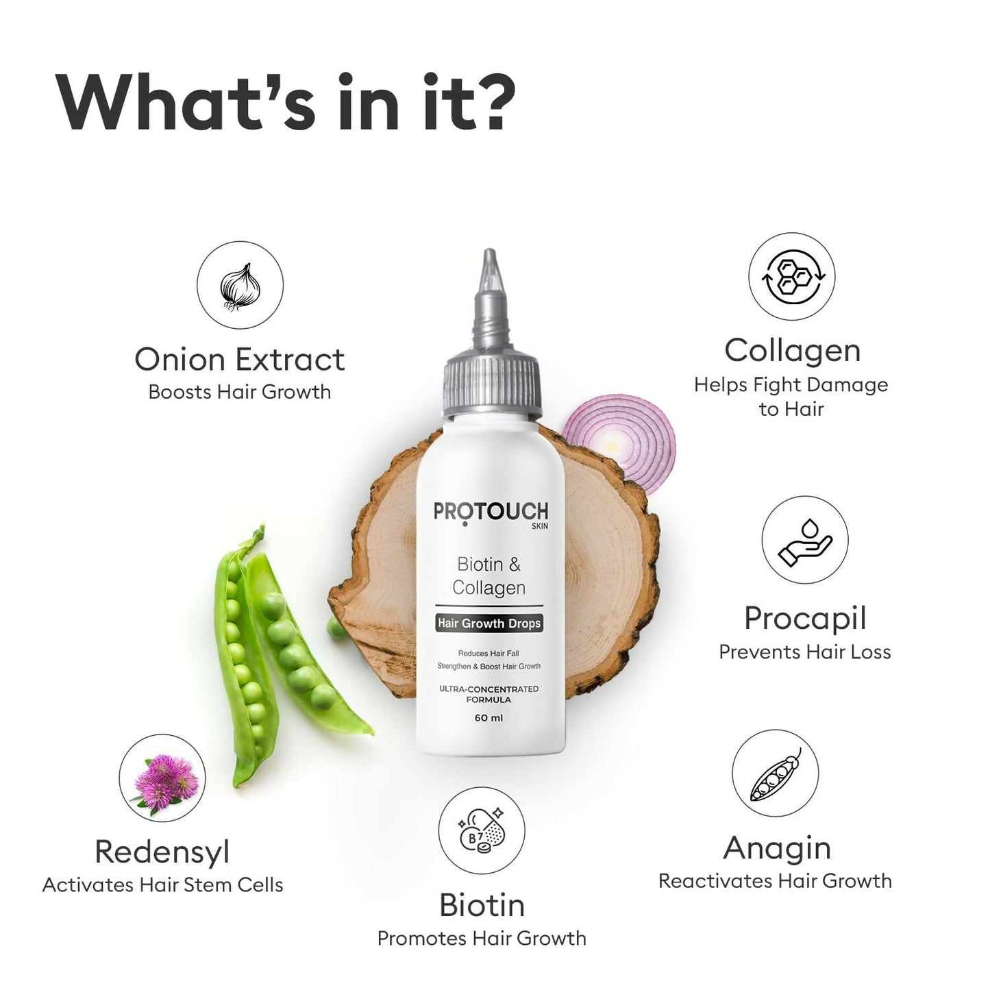 Protouch Biotin and Collagen hair growth serum bottle with dropper, featuring ingredients like onion extract and Redensyl.