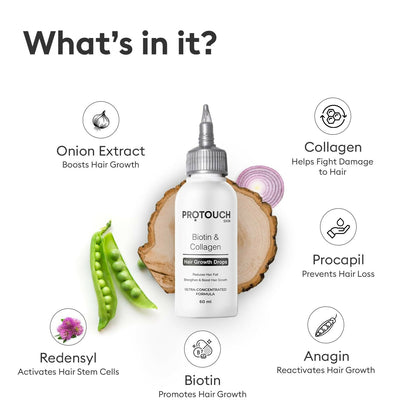 Protouch Biotin and Collagen hair growth serum bottle with dropper, featuring ingredients like onion extract and Redensyl.