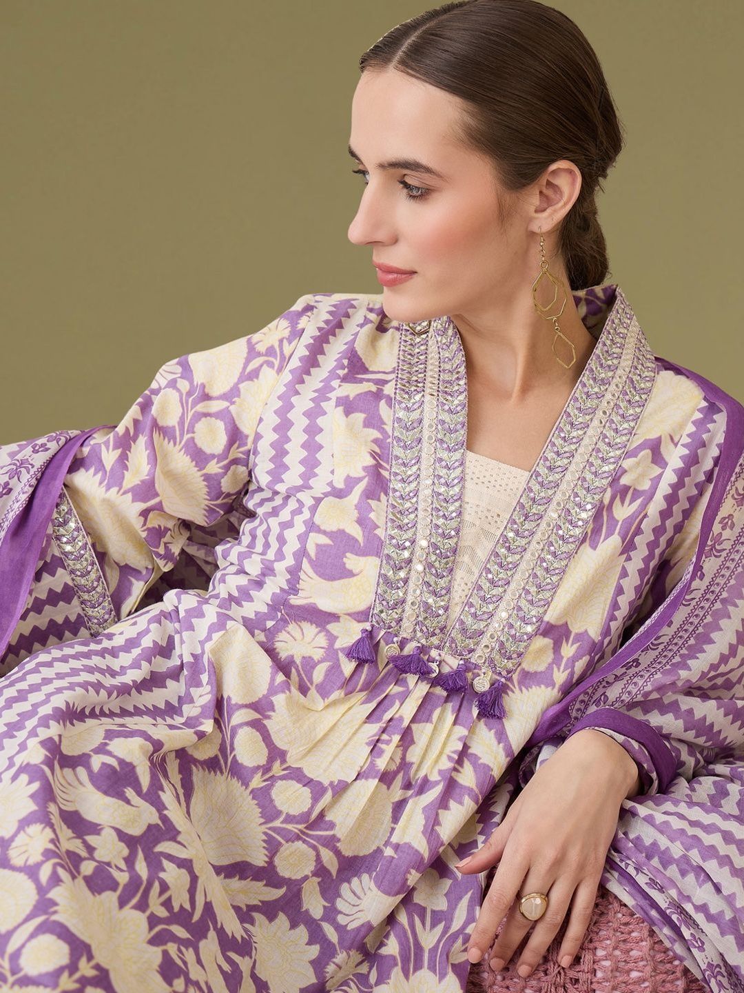 Women Ethnic Motifs Printed Empire Mirror Work Pure Cotton Kurta with Trousers & With Dupatta