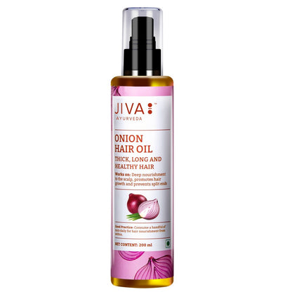 Jiva Ayurveda Onion Hair Oil bottle with onion slices and herbal ingredients, natural hair care product for scalp nourishment