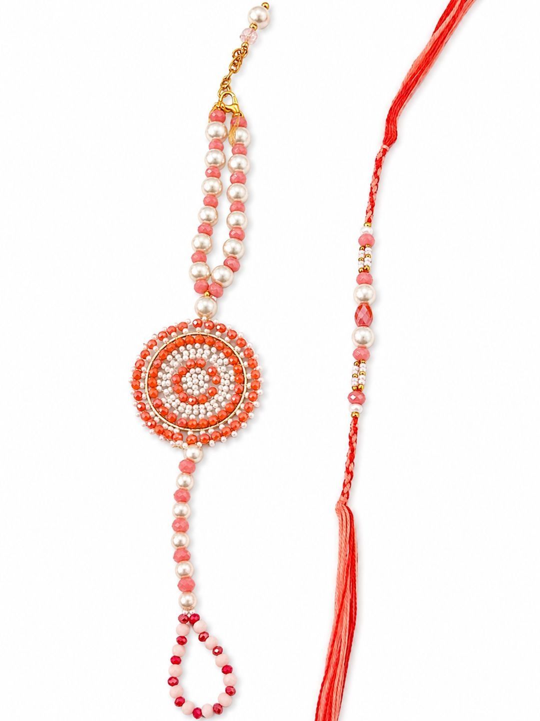 Anouk Set Of 2 Gold Toned Pearls & Beads Round Shape Bhaiya Bhabhi Rakhi With Roli Chawal