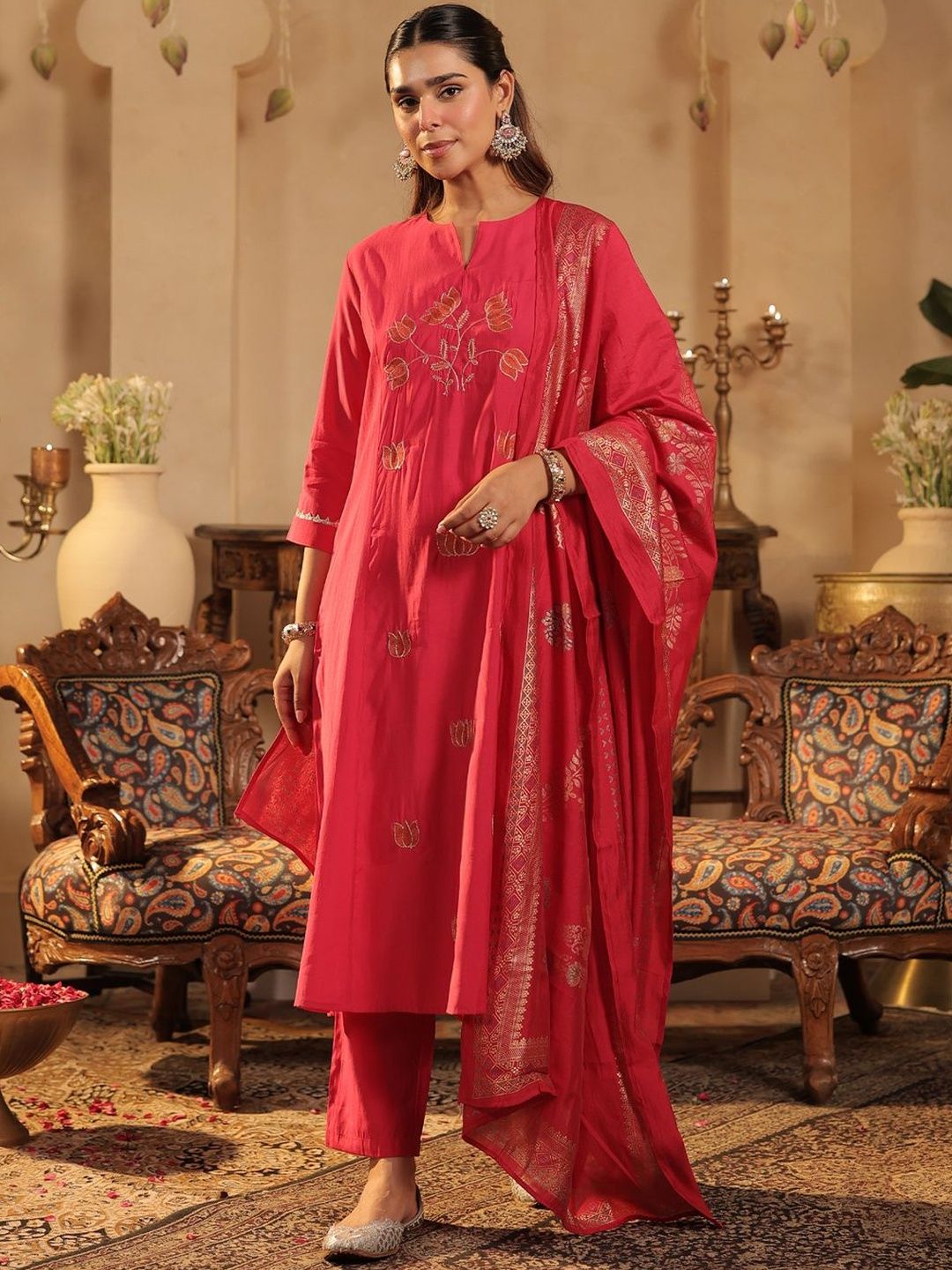 Floral Embroidered Notch Neck Panelled A-Line Kurta & Trousers With Dupatta