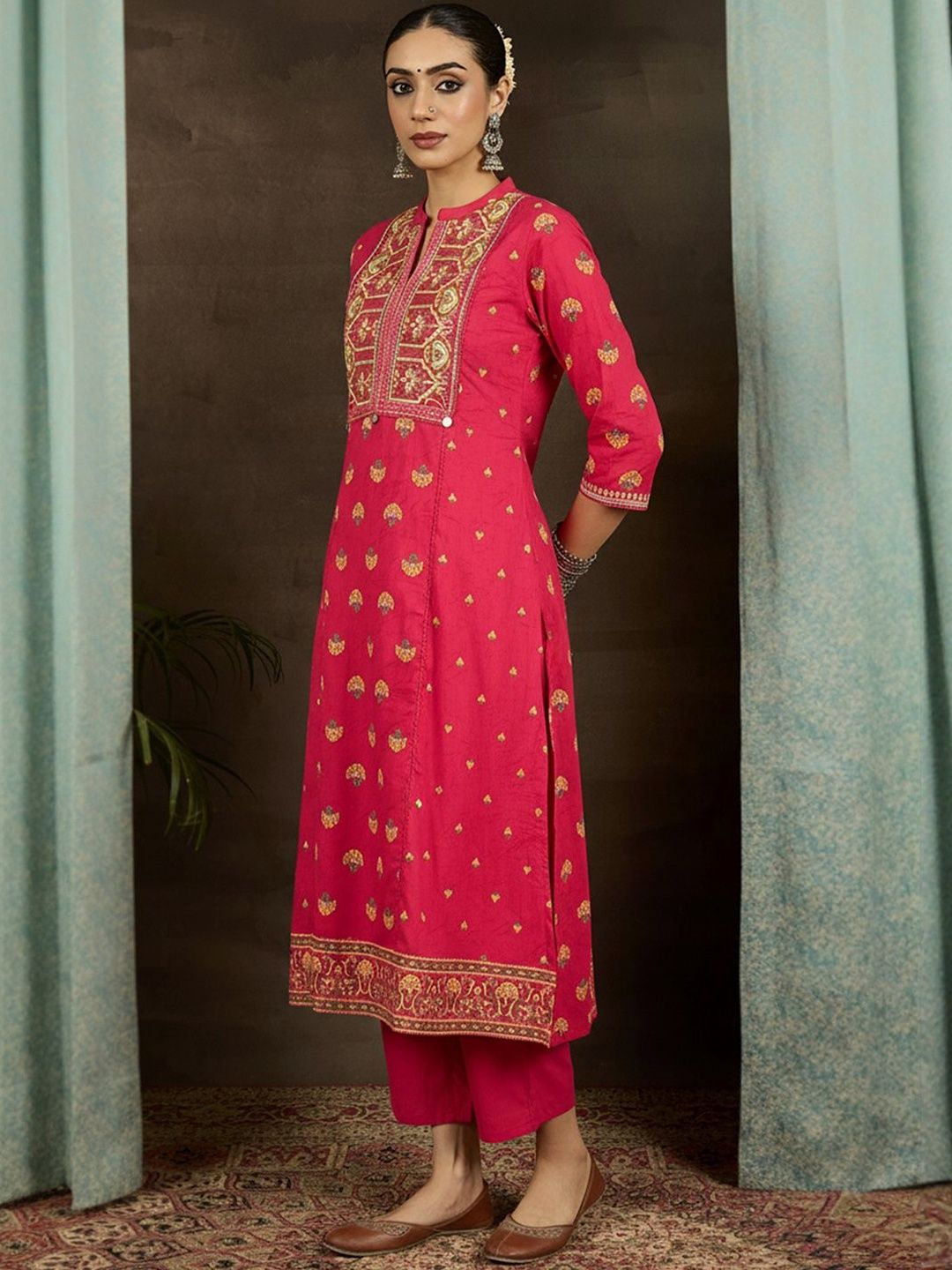 Ethnic Motifs Printed Thread Work Pure Cotton Straight Kurta with Trousers