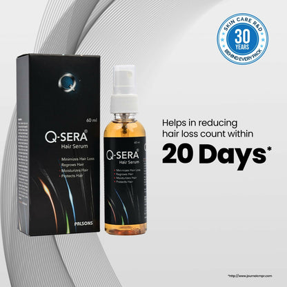 QSERA Hair Serum for hair fall control, showing a sleek bottle with dropper applicator on a white background