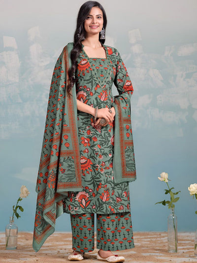 Indyancart VA Women's Floral Printed Regular Kurta with Trousers & With Dupatta