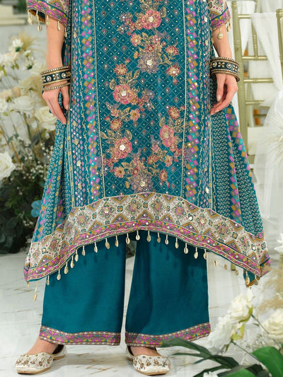 Dhiyona IE Ethnic Motifs Printed Mirror Work Pure Silk A-Line Kurta & Palazzos With Dupatta