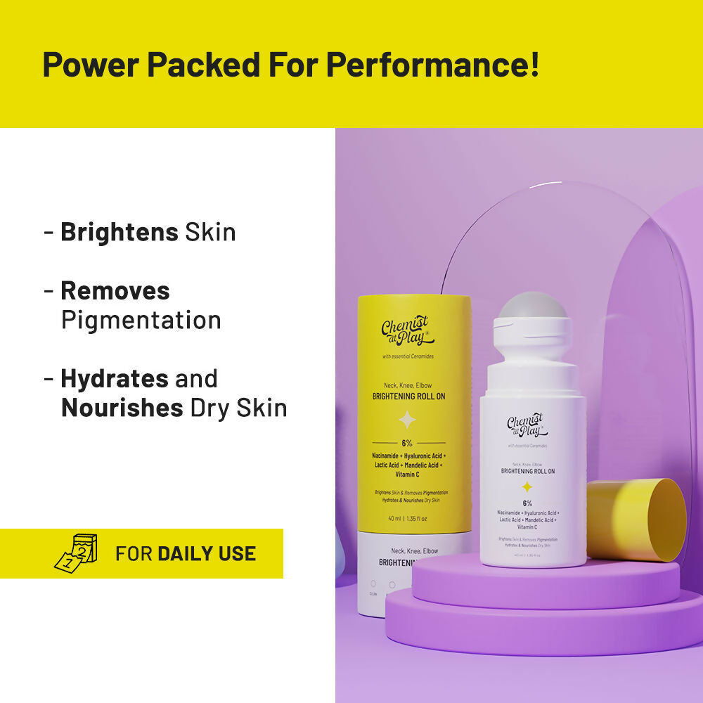 Chemist At Play brightening neck, knee, elbow and under-arm roll-on cream set, featuring soothing, skin-brightening formulas.