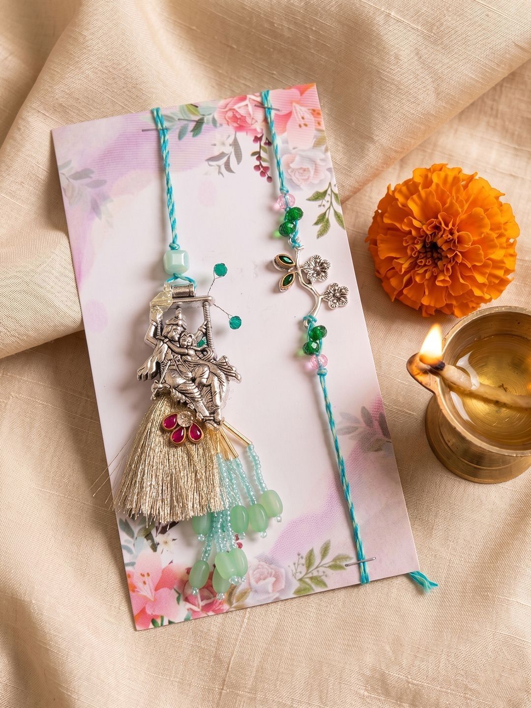 Anouk Set Of 2 Designer Religious Silver Toned Bhaiya Bhabhi Rakhi