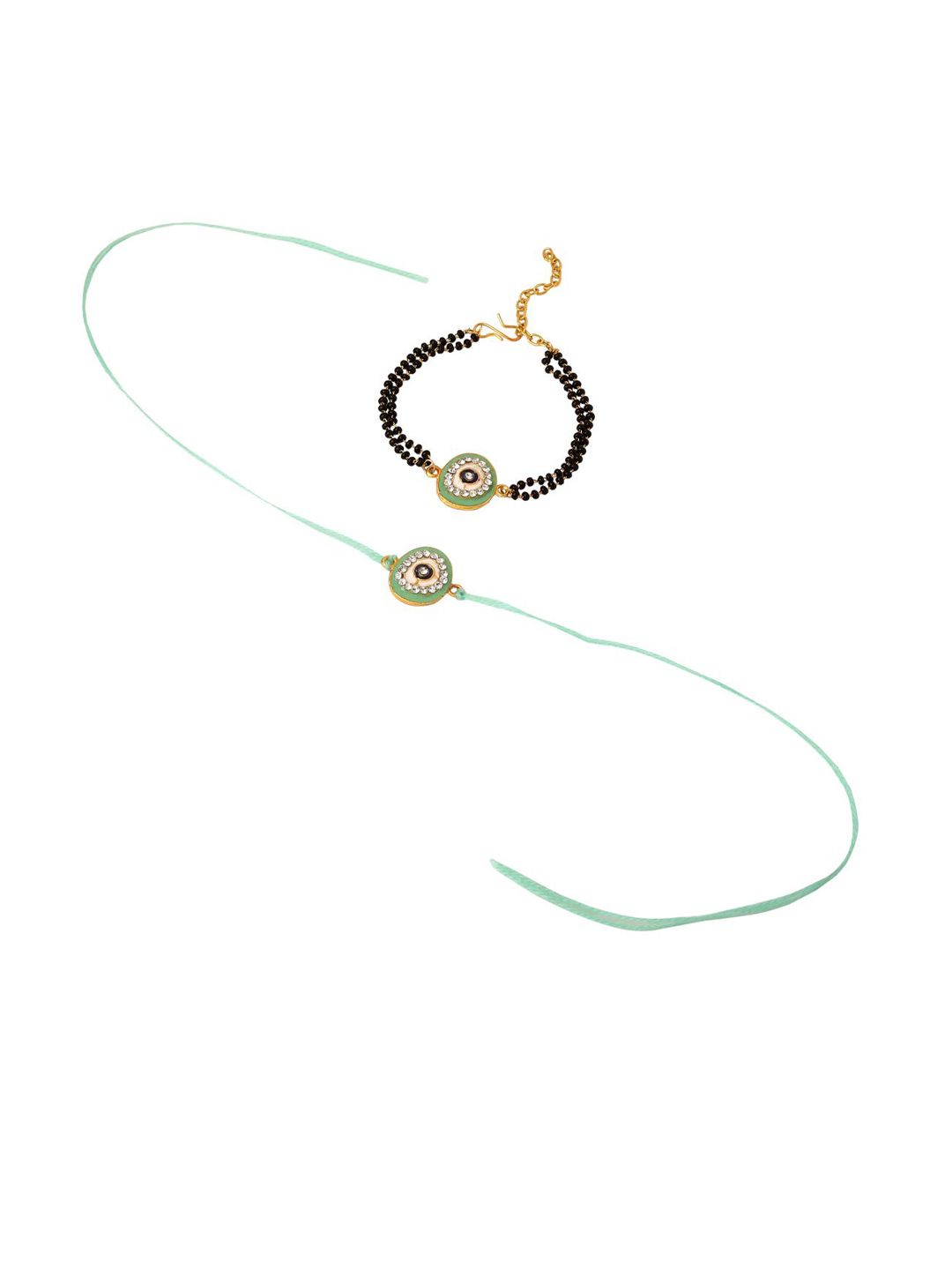 Anouk Set Of 2 Green Round Shape Artificial Stones Bhaiya Bhabhi Rakhi With Roli Chawal