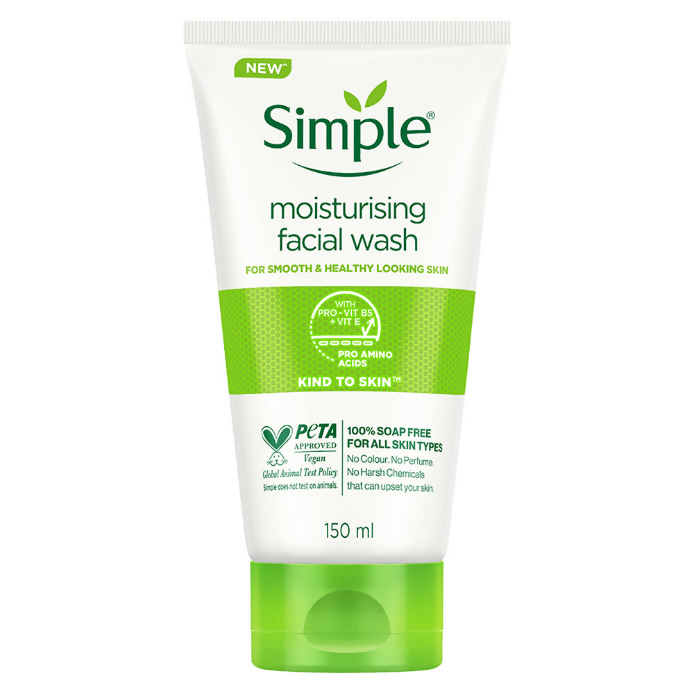 Simple Moisturising Facial Wash in a clear bottle with a pump dispenser, designed for gentle skincare and hydration.
