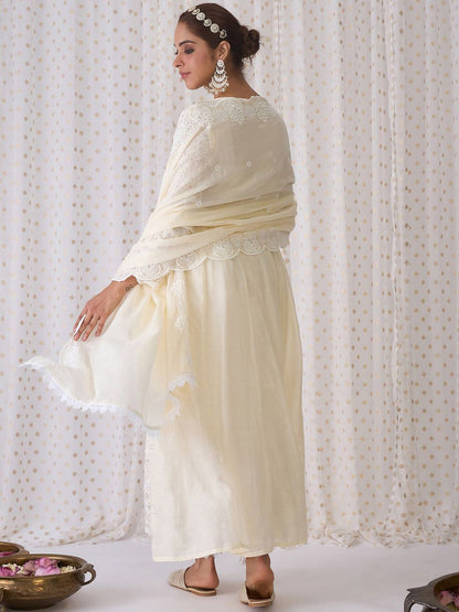 Indyancart IE Embroidered A-Line Mirror Work Pure Cotton Kurta with Trousers & Dupatta