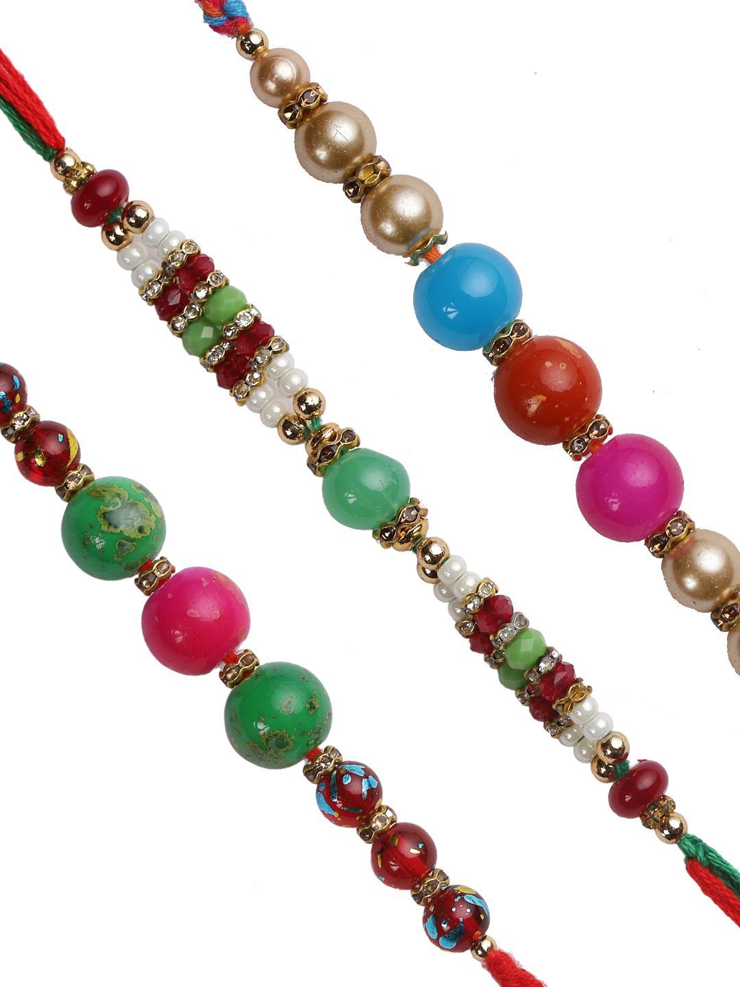 Anouk Red Set Of 3 Stone Studded & Beaded Thread Rakhi With Roli Chawal & Greeting Card