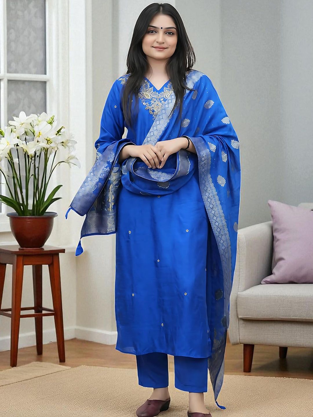 Indyancart SN Women's Floral Embroidered Thread Work V-Neck Straight Kurta With Trouser And Dupatta