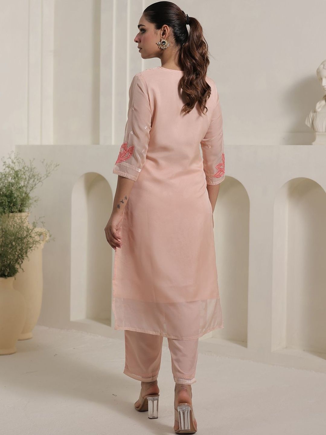 Floral Embroidered Thread Work Kurta With Trouser & Dupatta