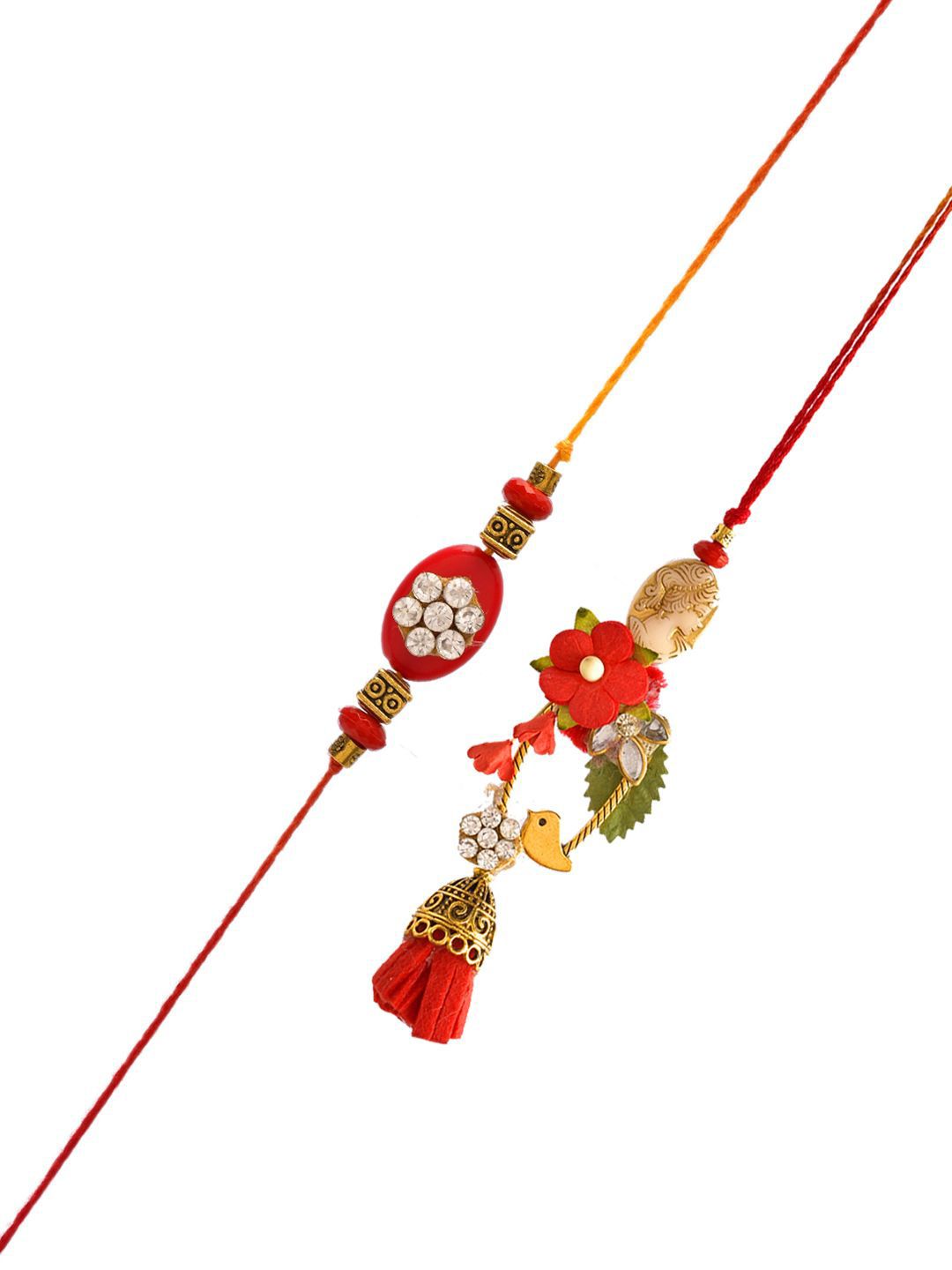 Anouk Red Beaded Bhaiya Bhabhi Rakhi With Roli Chawal & Greeting Card
