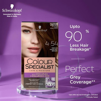 Schwarzkopf Colour Specialist Permanent Hair Colour in 4.54 Medium Hazelnut Brown showing a hair dye tube and color swatch
