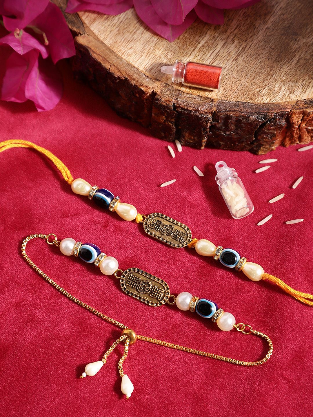 Anouk Unisex Set of 2 Beaded Bhai Bhabhi Rakhis With Roli & Chawal