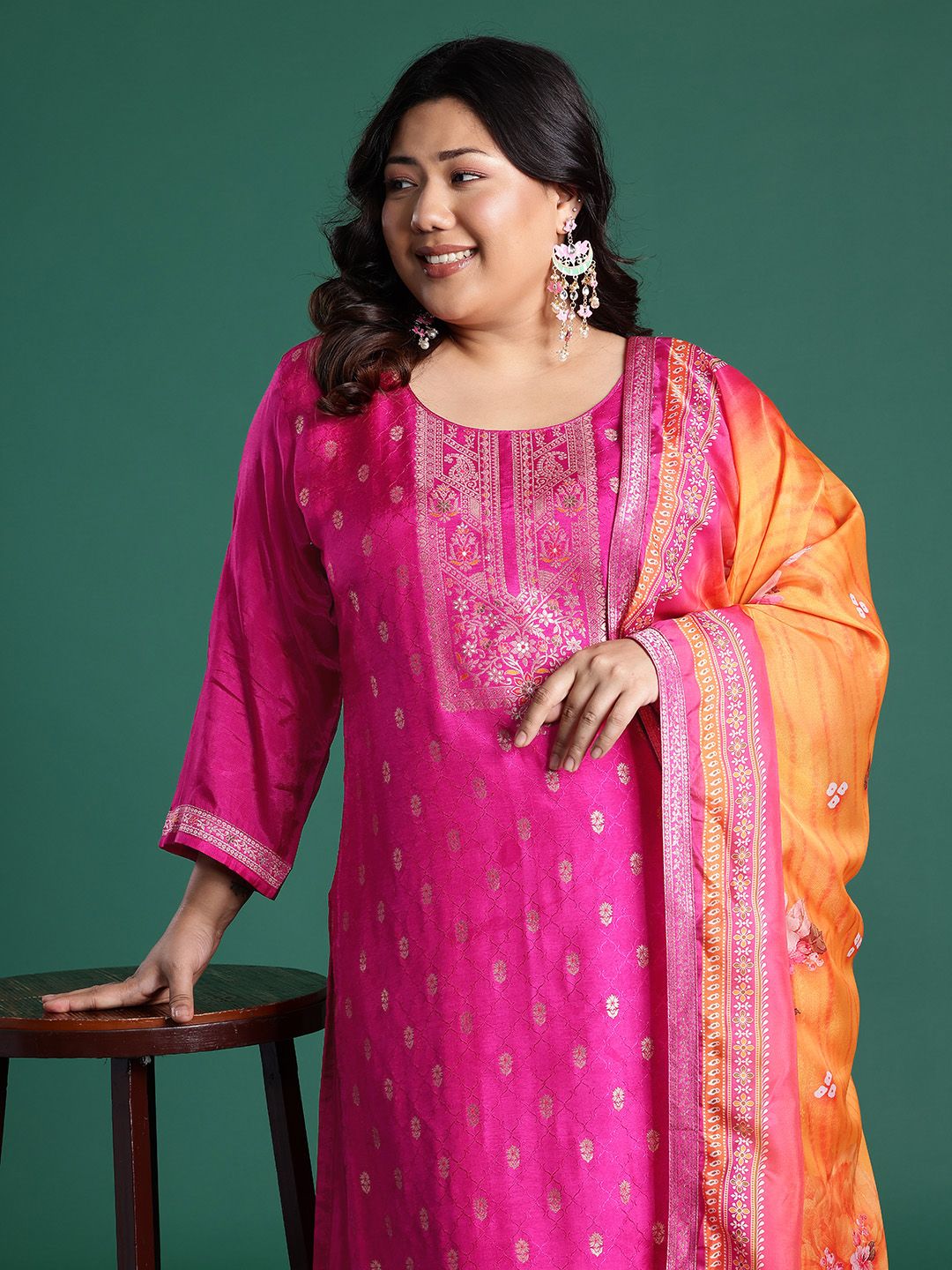 Indyancart Women's Plus Size Woven Design Kurta with Palazzos & Dupatta