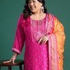 Indyancart Women's Plus Size Woven Design Kurta with Palazzos & Dupatta