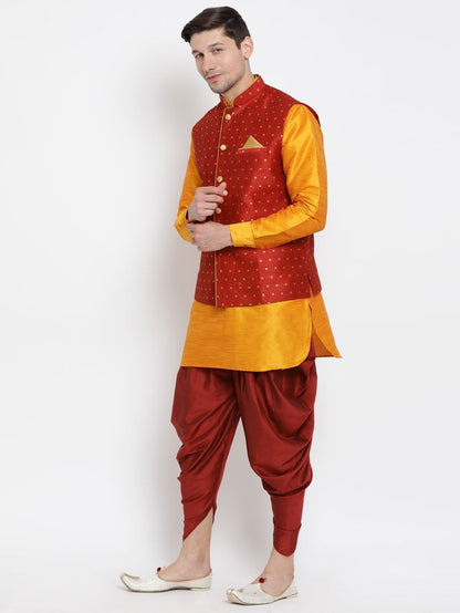 Men's Orange Silk Blend Straight Jacket  Kurta and Dhoti Set