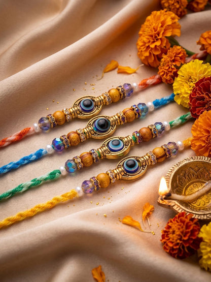 Anouk Set Of 4 Multicolor Evil Eye Thread Rakhi With Roli Chawal Chandan Mishri