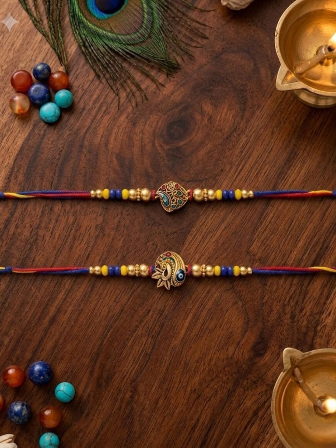 Anouk Set Of 2 Peacock Design Thread Rakhi With Roli Chawal Chandan Mishri