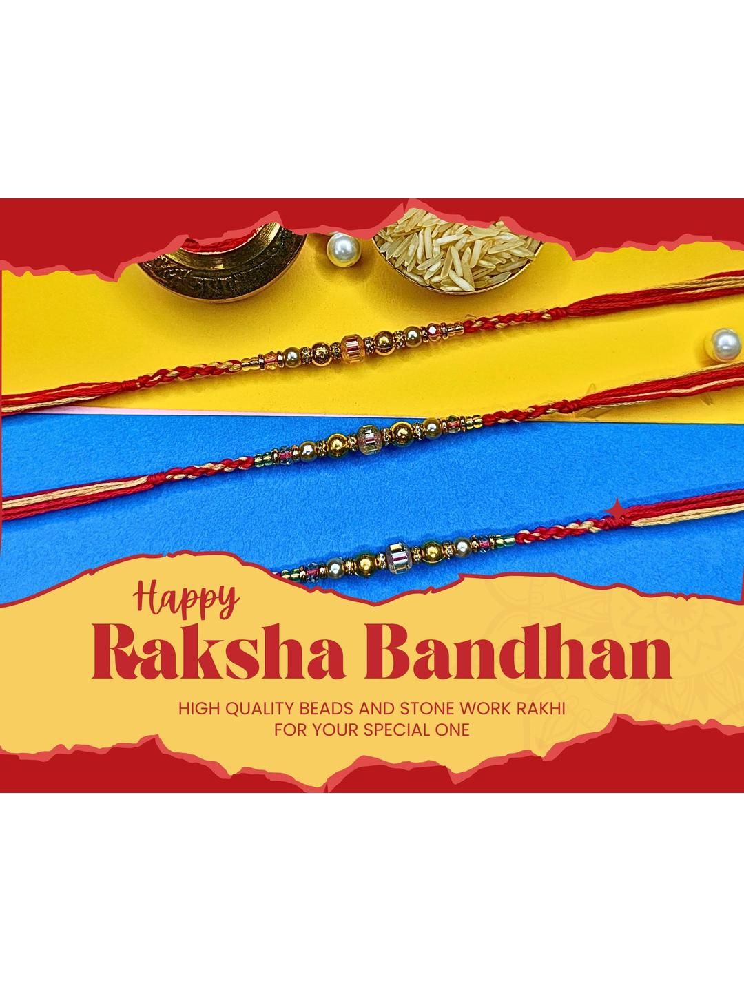 Anouk Set Of 3 Beaded Cotton Thread with AD Stones & Meenakari Designer Rakhi for Brother
