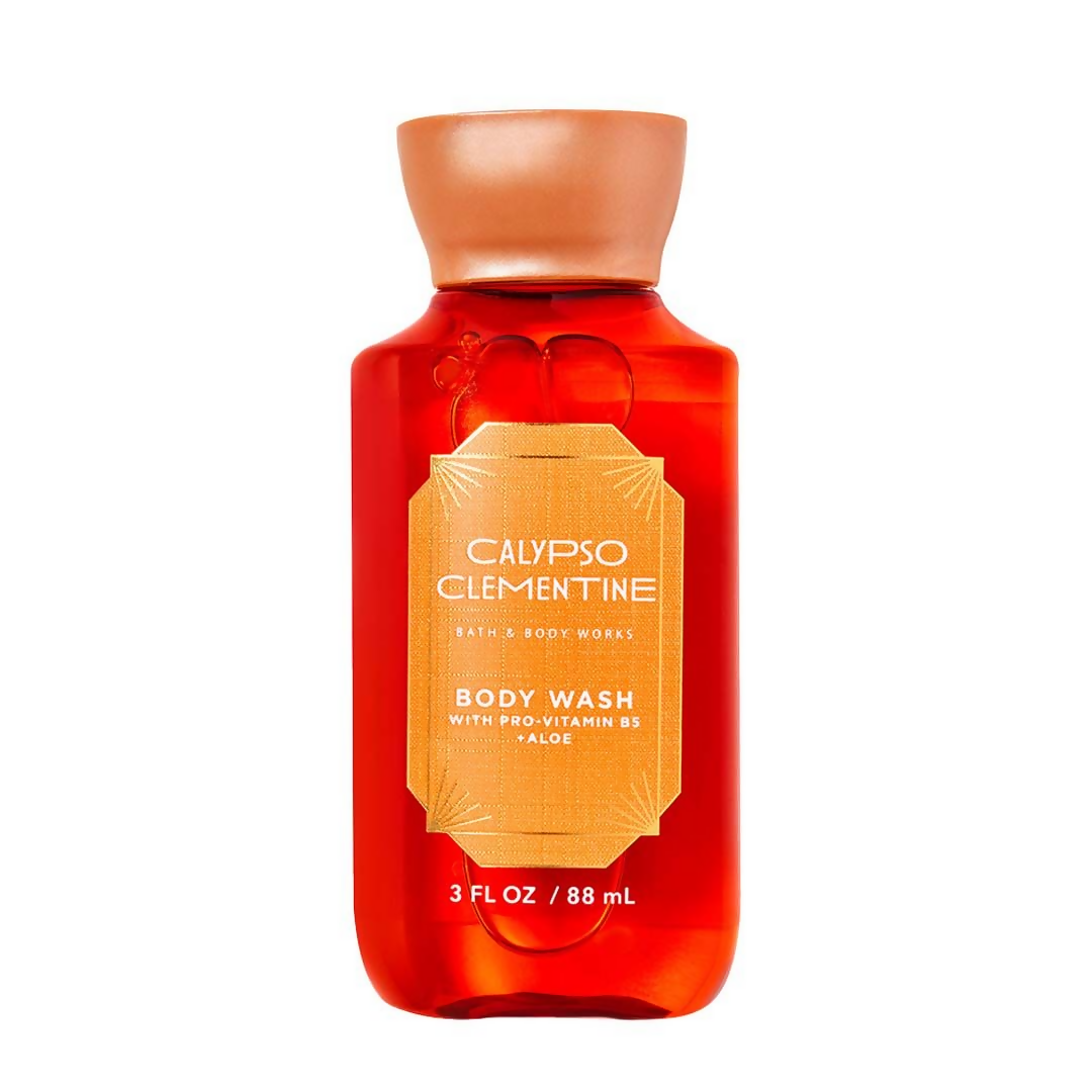 Bath & Body Works Calypso Clementine travel size body wash with citrus scent, showing the clear bottle and label.