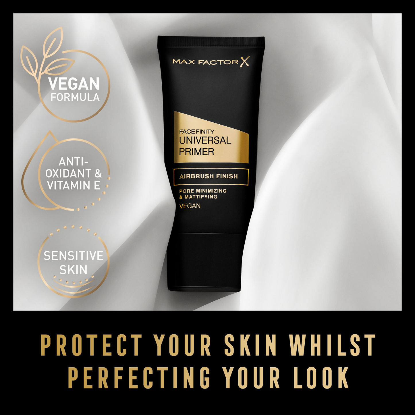 Max Factor Face Finity Universal Primer in a sleek tube, designed to create a smooth base for makeup application.